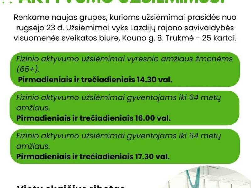 Kviečiame į nemokamus fizinio aktyvumo užsiėmimus